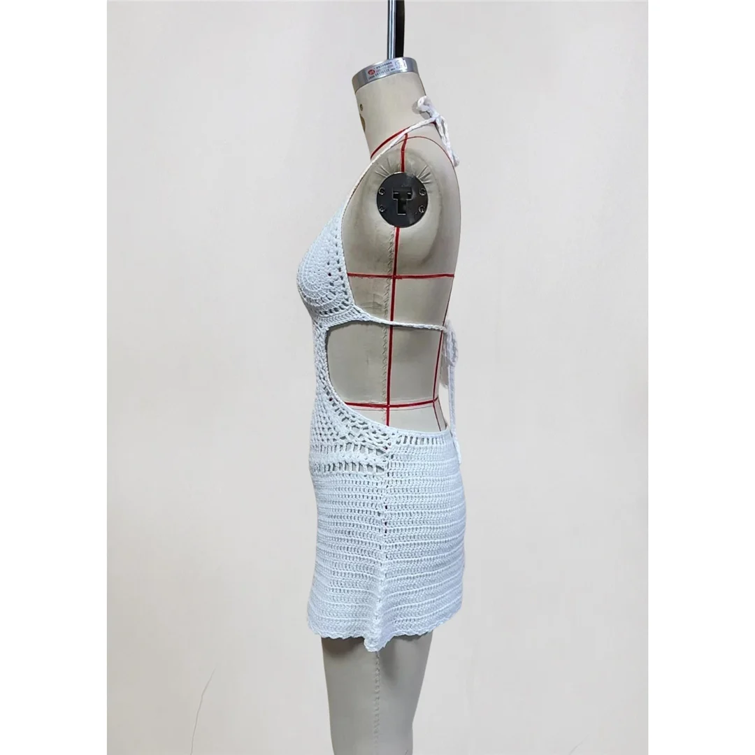 Sexy Cut-Out-Neckholder-Strick-Tunika mit offenem Rücken, Strand-Cover-up, Strandkleid, Strandmode, Damen V8295 – Detail 9