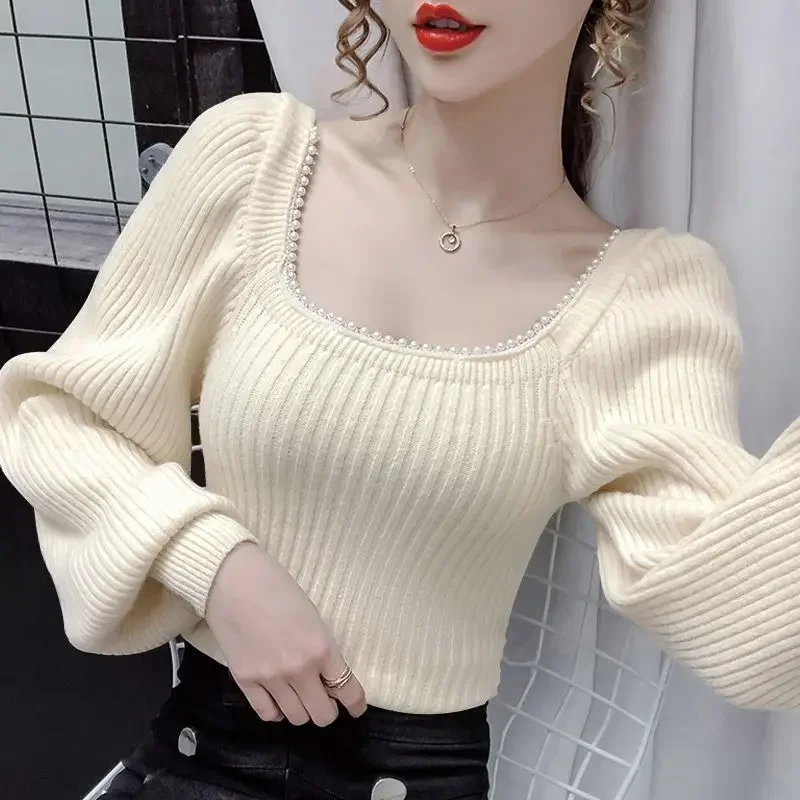 ساحة الرقبة سليم صالح حبة محبوك سترة البلوز 2024 الخريف جديد لباس خارجي بلون شيك طويل فانوس الأكمام