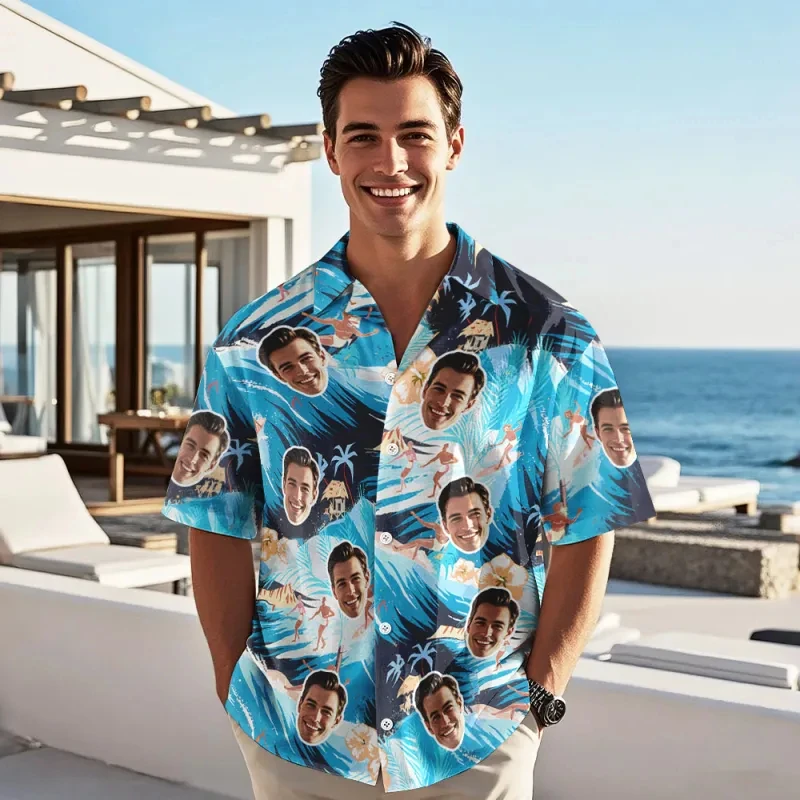 

Funny Novelty Custom Face Hawaiian Shirt Blue Wave Surfing Print Personalized Photo Short Sleeve Aloha Shirts Party Y2k Blouses