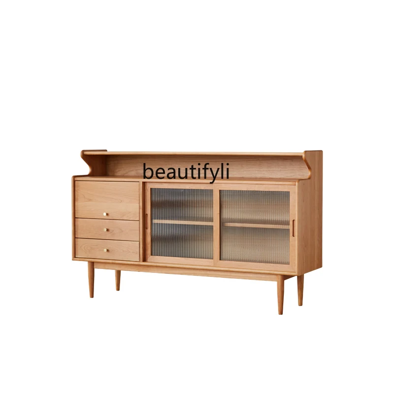 

Nordic Solid Wood Sideboard Minimalist Living Room Entrance Cabinet Glass Cabinet Japanese Small Apartment Storage Tea Cupboard