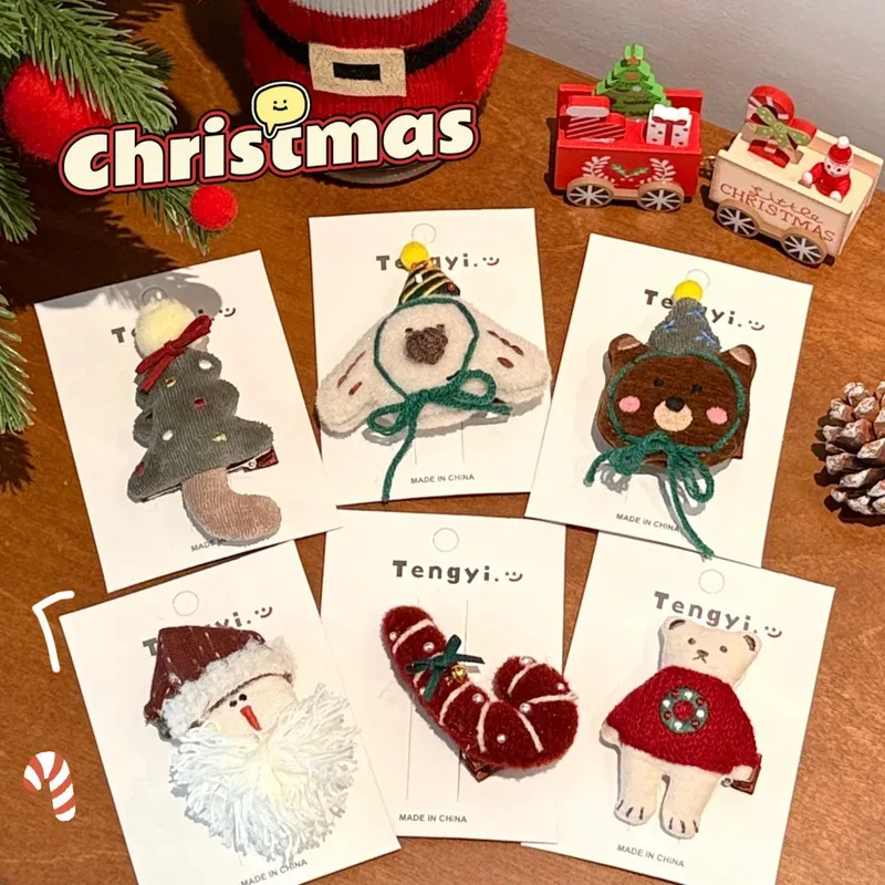 6 قطع من مشبك الشعر القطيفة اللطيف لعيد الميلاد مع مشابك زخرفية متعددة الاستخدامات ومشبك شعر مكسور على شكل دب رجل الثلج #5