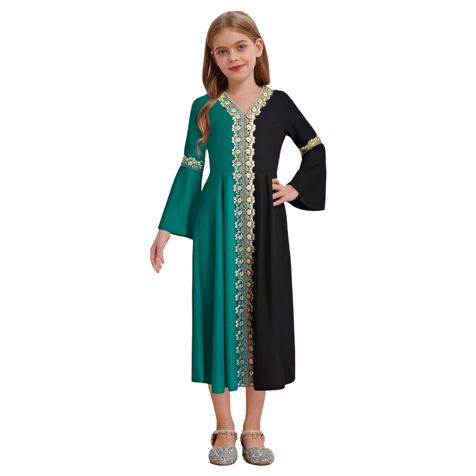 

Kids Girls Abaya Dress Church Robe V-neck Long Flared Sleeve Color Block Pleated Dress for Halloween Theme Party Cosplay Costume