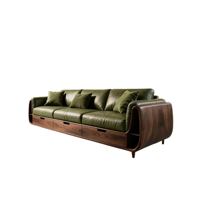 New Chinese solid wood sofa New walnut light luxury leather sofa Living room home modern simple straight sofa