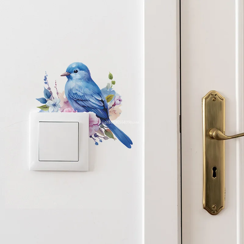 1PCS Cartoon Bird Looking At Green Plants and Flowers with Stickers, Decorative Switch Stickers, Home Beautification Background