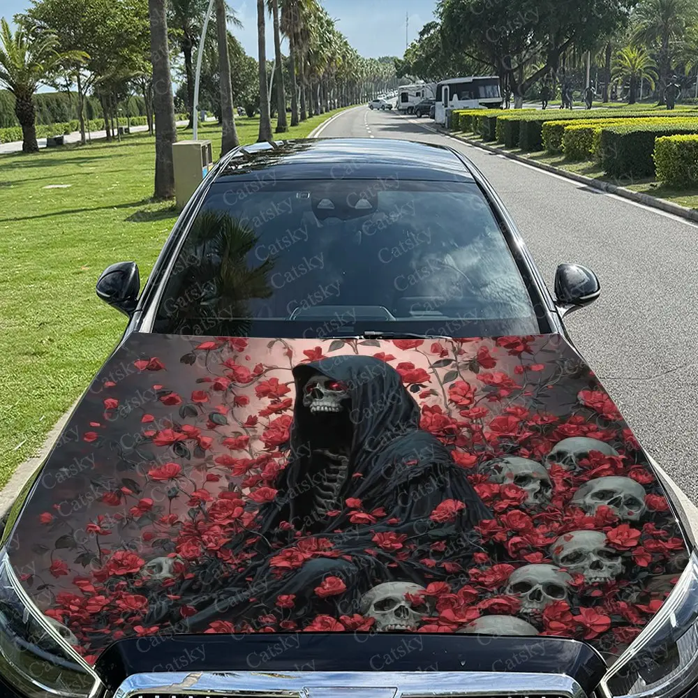 

Flower And Gothic Black Robe Skeleton Car Hood Decal Sticker, Durable Car Vinyl Wraps Suitable For Most Vehicles, Car Engine Hoo
