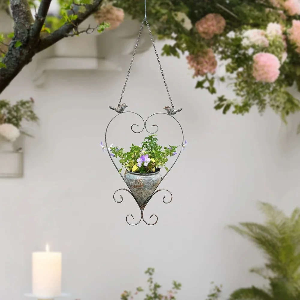 Hanging Heart Planter with Birds, Metal Wall Hanging Basket with Chain, Rustic Garden Decor, 76.5cm Height