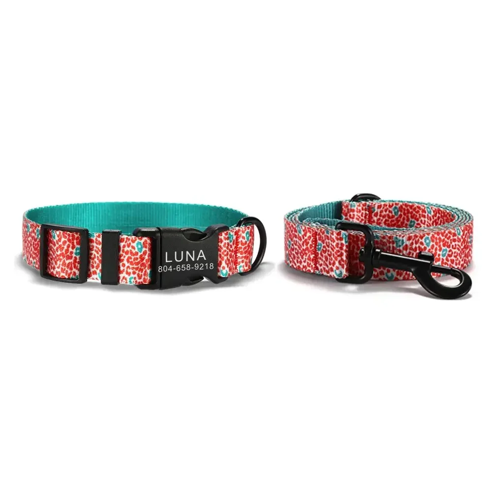 

Personalized Dog Collar with Free Engraving, Matching Pet Leash,Customzied Contacts Buckle, Red Leopard Cat Pet Collar