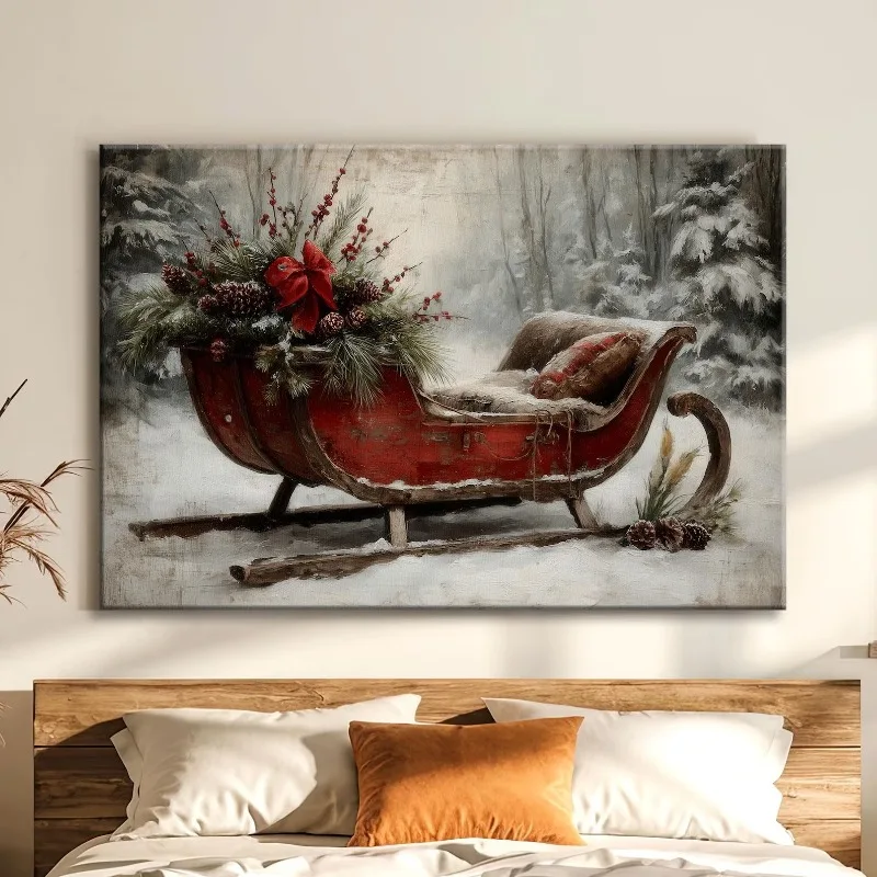 Vintage Painting Snowy Pine Red Sleigh Christmas Canvas Poster Prints Frameless Wall Art Festive Winter Cozy Warm Rustic Decor
