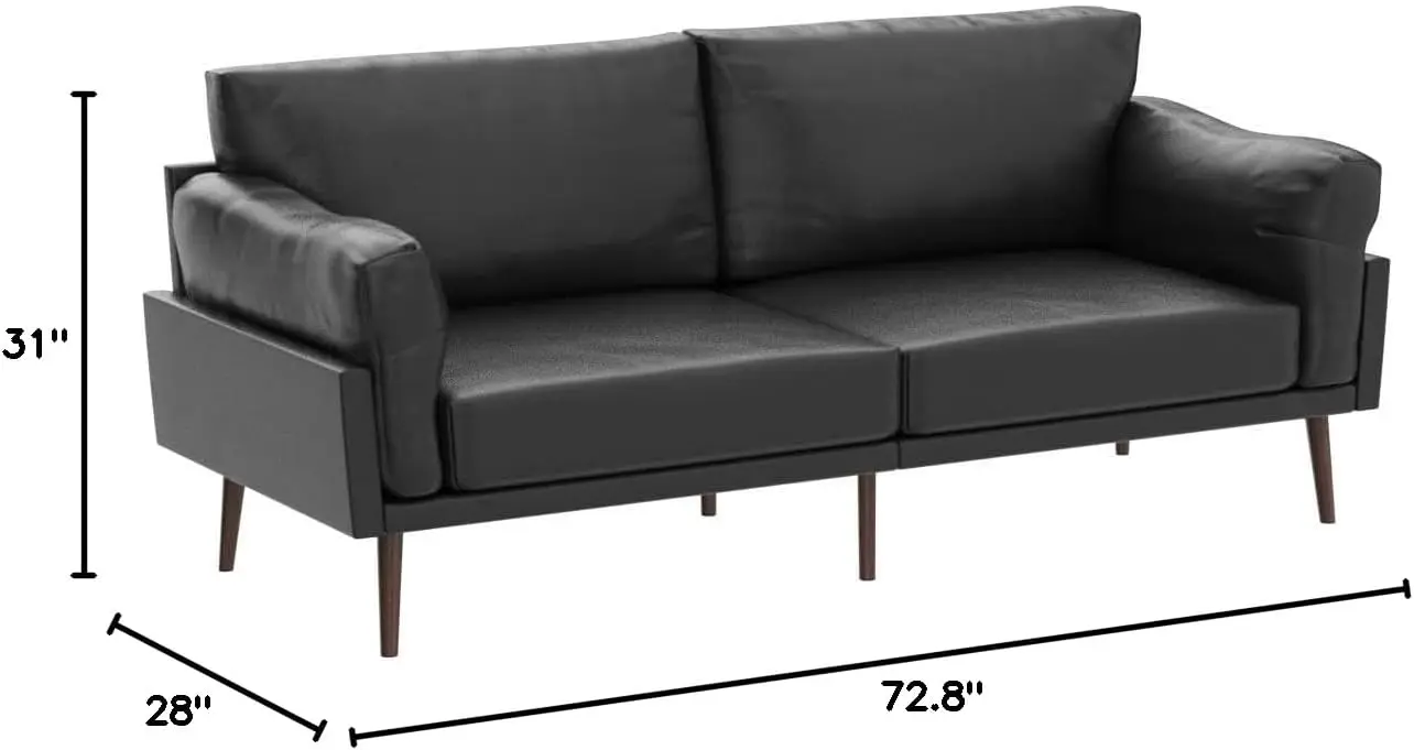 Vonanda Black Upholstered Sofa, Faux Leather Sofa Couch, 72 Inch Black Couch for Living Room, Mid Century Modern Sofa,