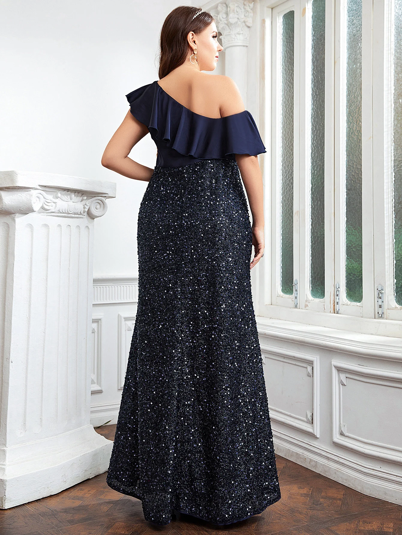 Plus Size Women Sequins Splicing Dress Fashion Chiffon Diagonal Shoulder Evening Dresses Slash Neck Large Party Long Dresses