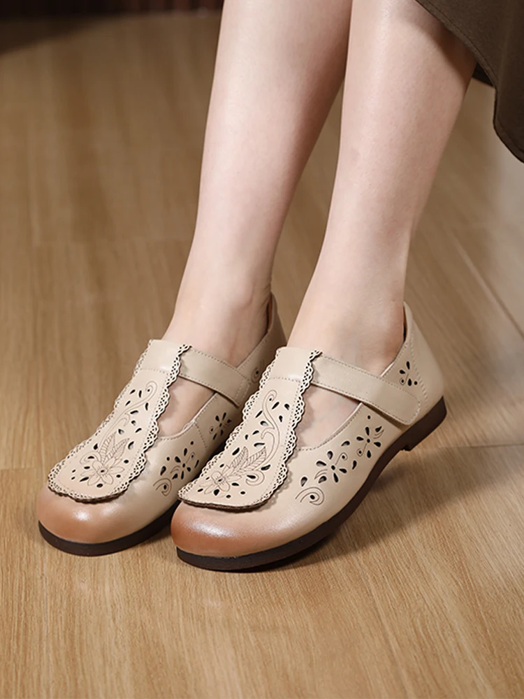 genuine-leather-soft-bottom-mom-shoes-sandals-hollow-out-comfortable-women's-footwear-flat-heel-round-toe-color-summer