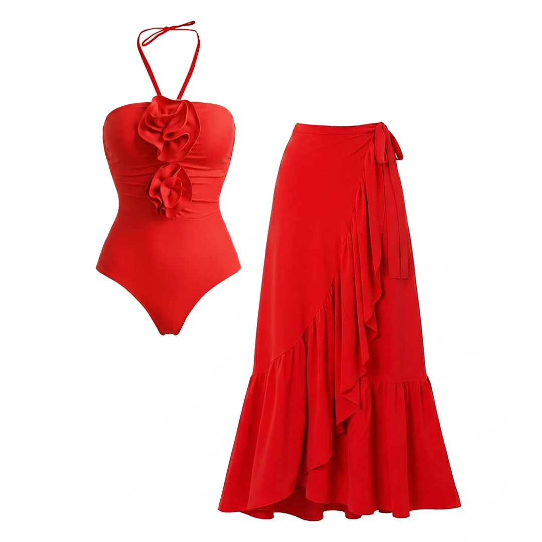 High Waist Push Up Bikini Set Women 3D Flower Swimsuit Dress Women Print Swimwear Ruffle Beach Bathing Suit Skirt Femme