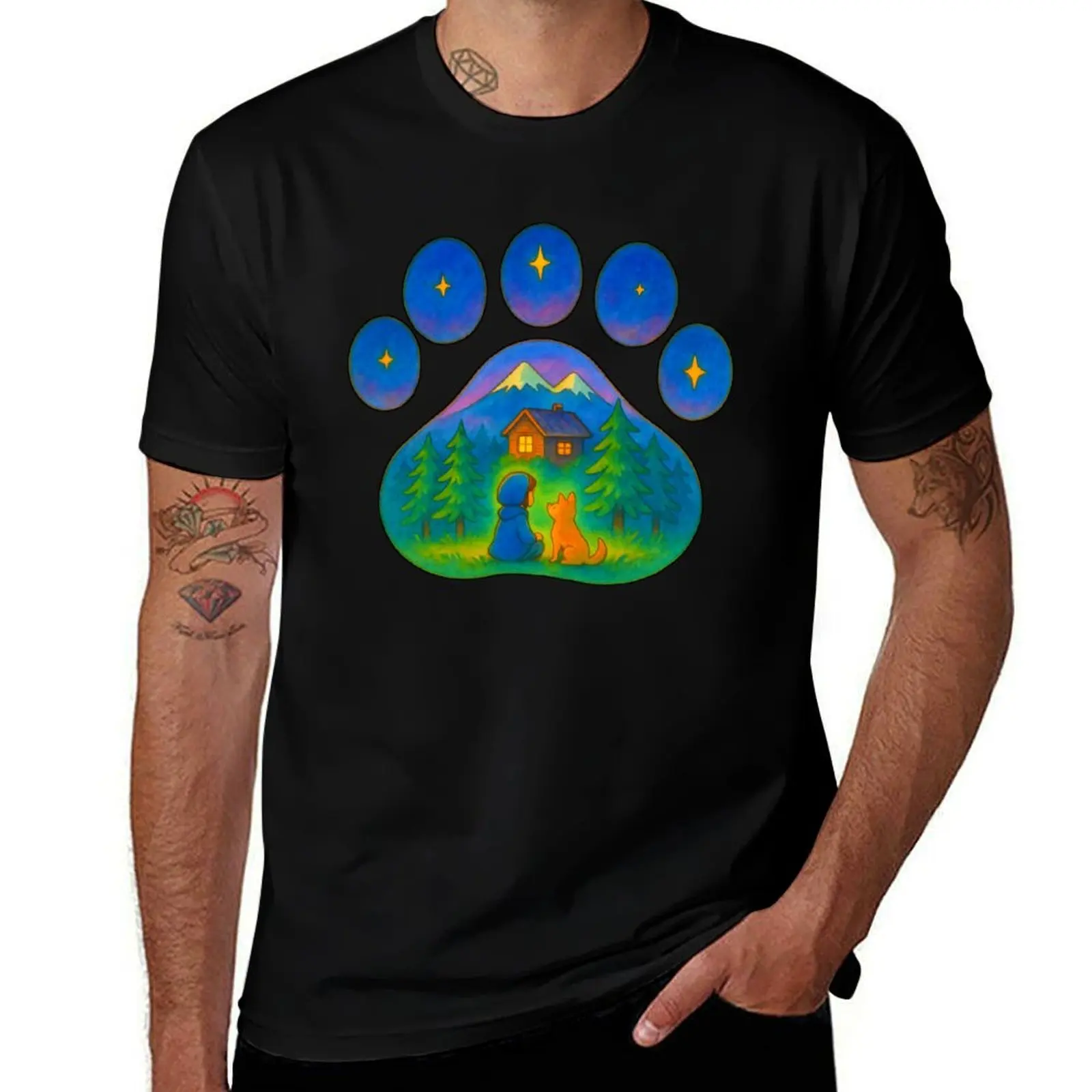 

Starry Paw Print: Mountain Cabin, Friend, and Enchanting Night - Dog paw camping best gift for puppies lover T-Shirt