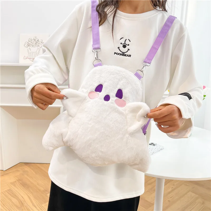 Cute Ghost Plush Backpack Kawaii Fluffy Crossbody Bag Cartoon Women Large Capacity Fashion Shoulder Bag Girl Casual Purse