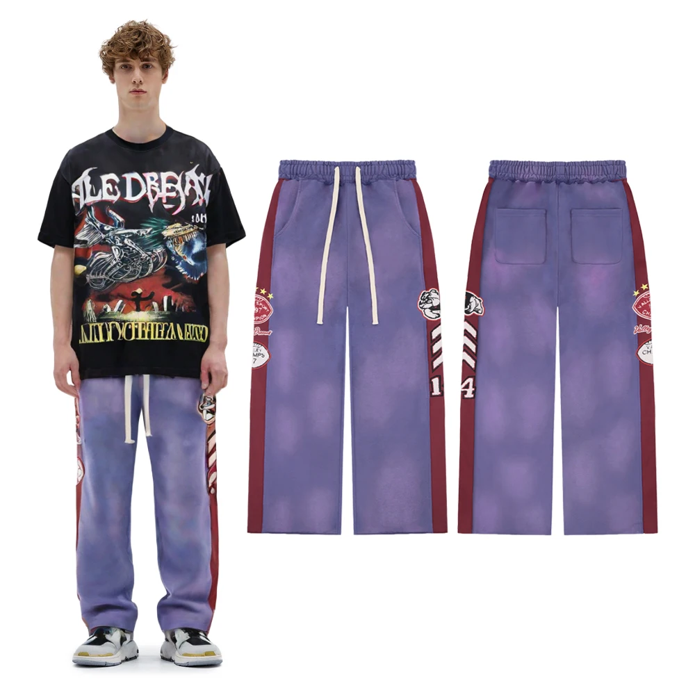 Y2k Streetwear Sport Sweatpants with Towel Embroidery Hiphop Street Style Cotton Retro Distressed Print Casual Full Length Pants