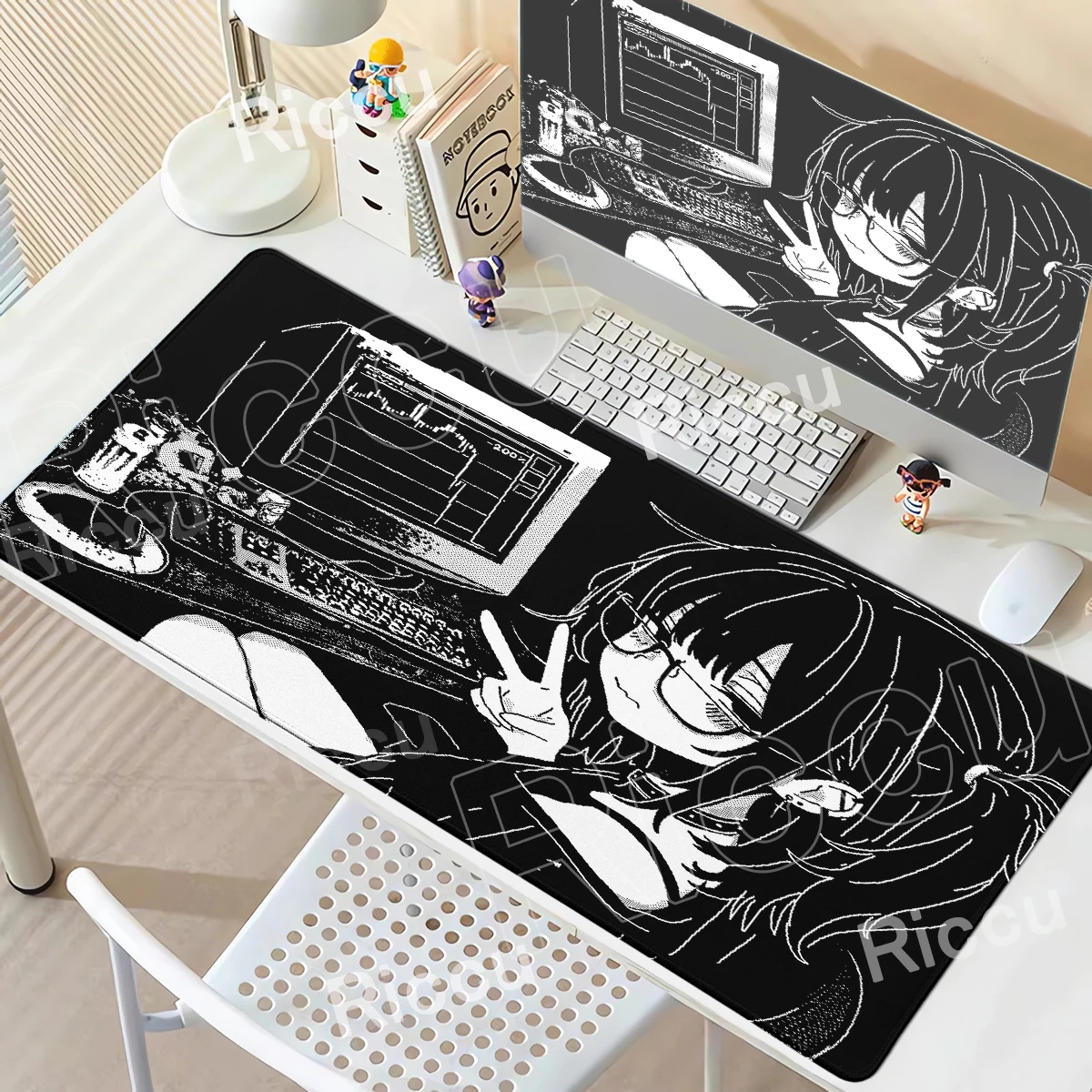 XXL Pixel Anime Mädchen Mauspad Schwarz-Weiß Mausunterlage Großes Gaming-Tastaturpad Büro-PC-Zubehör Schreibtischunterlage PC-Gehäusematten Teppich