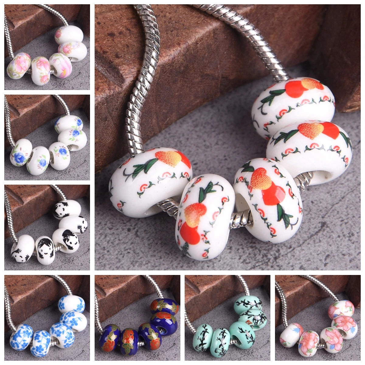 10pcs 15mm x 9mm Round Flower Patterns Ceramic Porcelain Loose Big Hole Beads for Jewelry Making DIY European Charms Bracelet