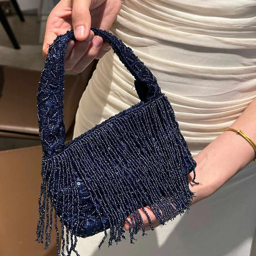 

New Handmade Sequins Women's Clutch Bag Fashion Beaded Tassel Purse And Handbag Party Evening Bag Banquet Shoulder Bags Bolsas