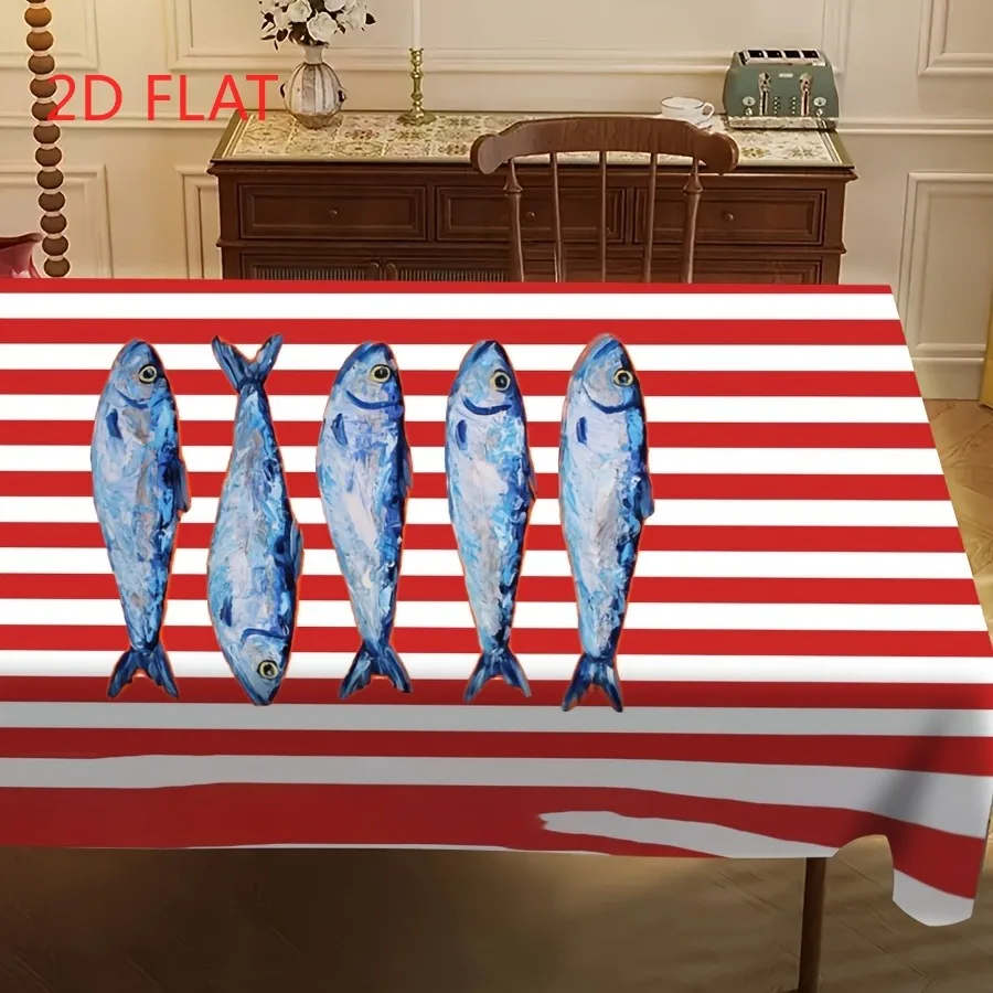 A tablecloth featuring an oil painting of sardines with red and white stripes, exuding a refreshing summer ocean vibe.