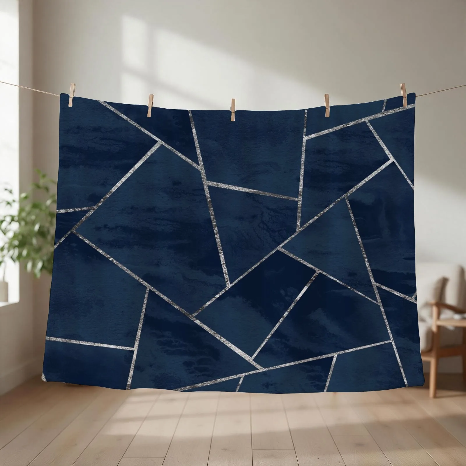 Midnight Navy Blue Ink Silver Geometric Glam #1 #geo #decor #art Throw Blanket