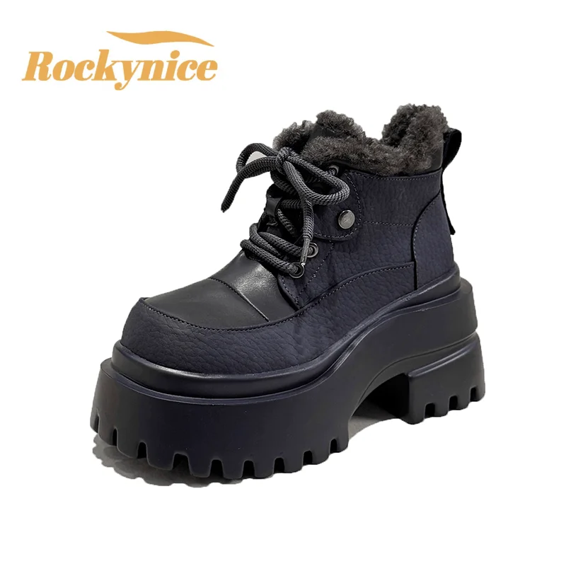 New 2025 Women Leather Ankle Boots Winter Warm Fur Snow Shoes 9CM Chunky Heels Motorcycle Boots Woman Thick Bottom Short Bootie