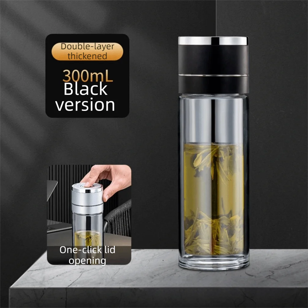 Double Anti-Scald Glass Water Cup One Click Opening Leak Proof Infuser Tumbler Borosilicate Glass Thermal Insulation