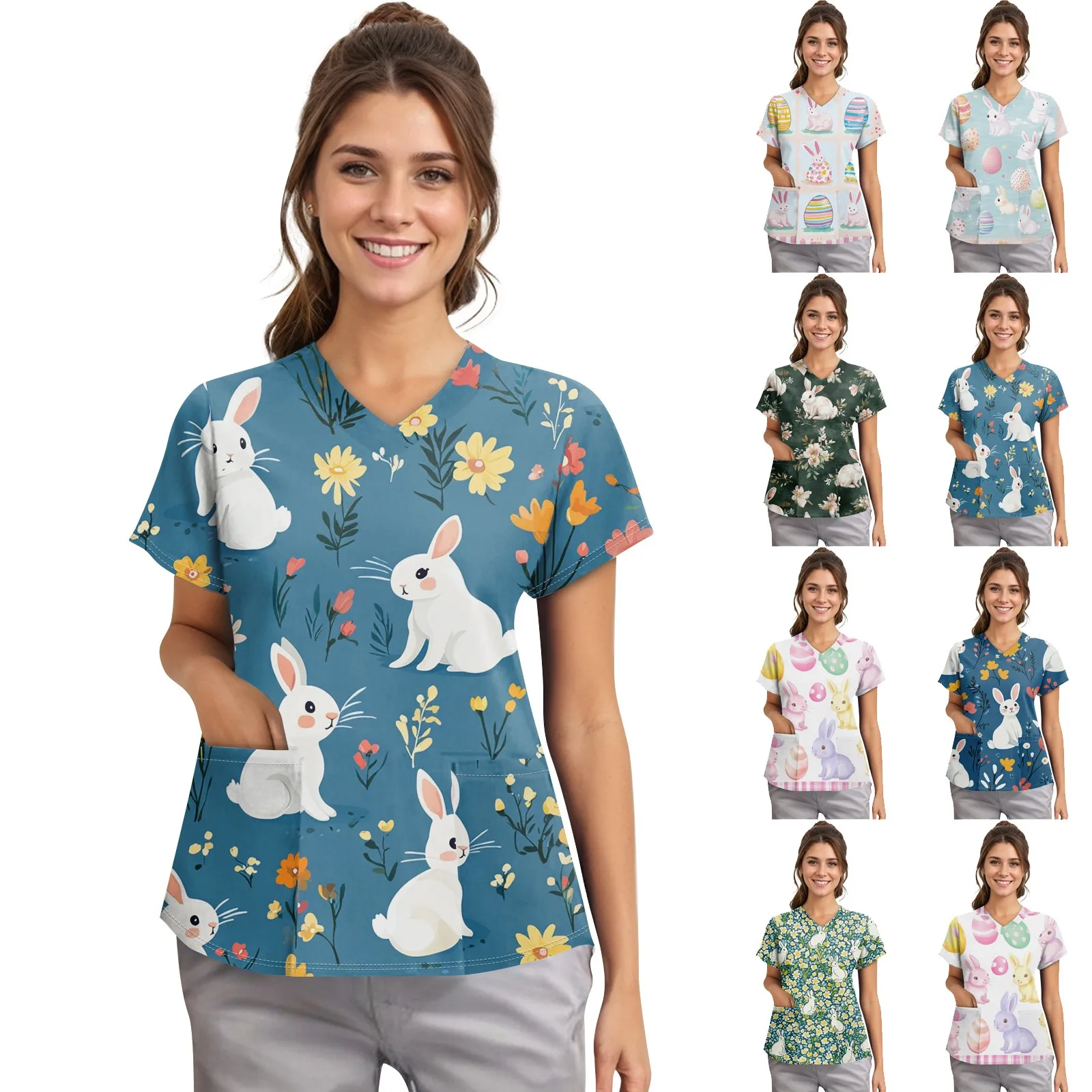 เครื่องแบบผู้หญิงทางการแพทย์ Easter Bunny การ์ตูนพิมพ์สูติศาสตร์พยาบาล V คอสั้นแขนเสื้อ Tees สัตว์เลี้ยง Medical Scrubs สําหรับผู้หญิง