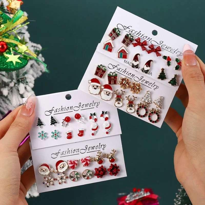 

6Pair/Set New Trendy Rhinestone Imitation Pearl Snowflake Bell Elk Christmas Hat Stud Earrings For Women Christmas Jewelry Gifts