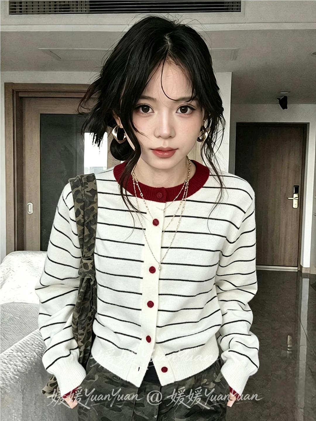 Elegant Color Block Striped Knitted Open Cardigan Women's Long Sleeve round Neck Button Versatile Sweater Jacket Autumn Winte...