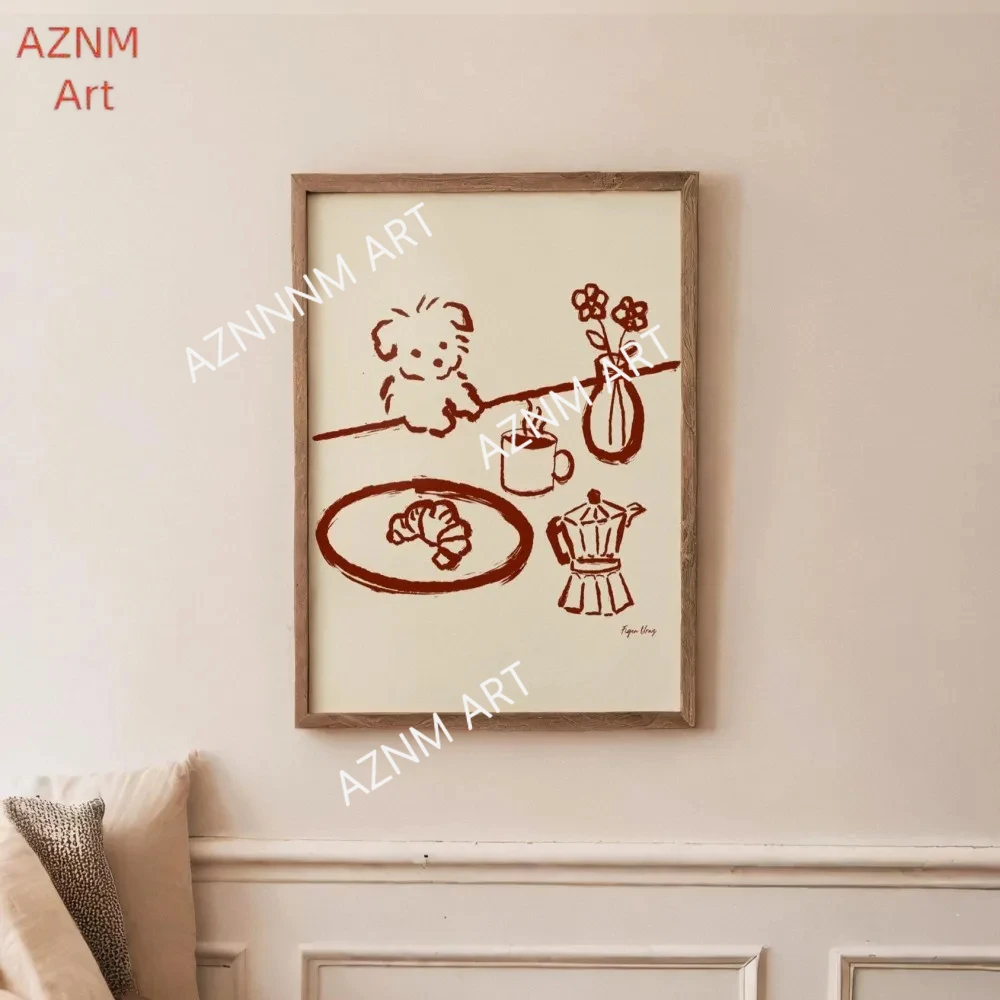 Abstract Coffee Wall Art, Sneaky Dog Kitchen Art, Scandi Breakfast Poster, Whimsical Animal Sketch, Wall Art, Dining Room Print