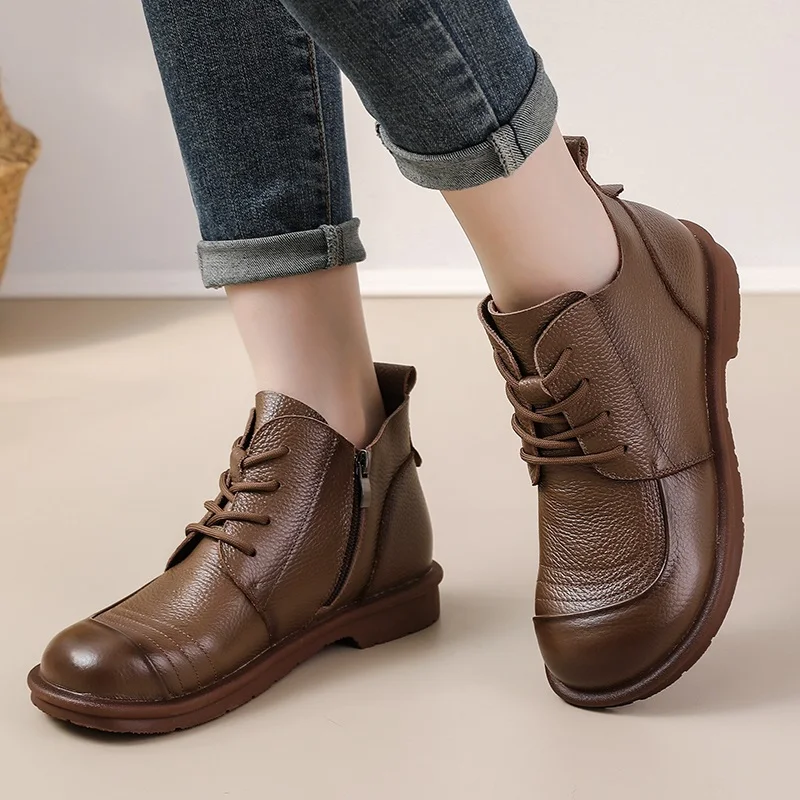 DRKANOL النساء الشقق كعب حذاء من الجلد اليدوية الرجعية الخريف الشتاء جولة تو جلد البقر الحقيقي أفخم الدافئة أحذية بوت قصيرة غير رسمية