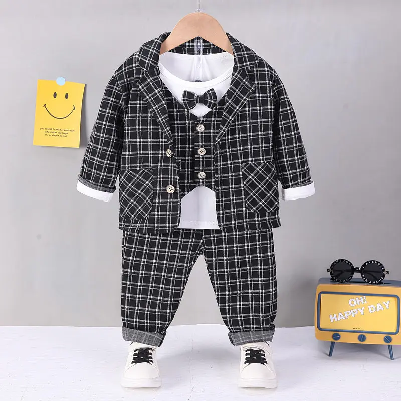 

Spring Autumn Children Kids Boy Clothing Toddler Plaid Suits Kids Gentleman Suits T Shirt Pants 3pcs/Set Clothes 1 2 3 4 5 Years