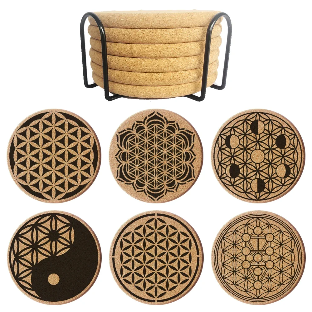 New Cork Coaster 0.8cm Thicken Engraved Flower of Life Cup Tea Coffee Mug Holder for Kitchen Mat Tableware Round Drink Coasters