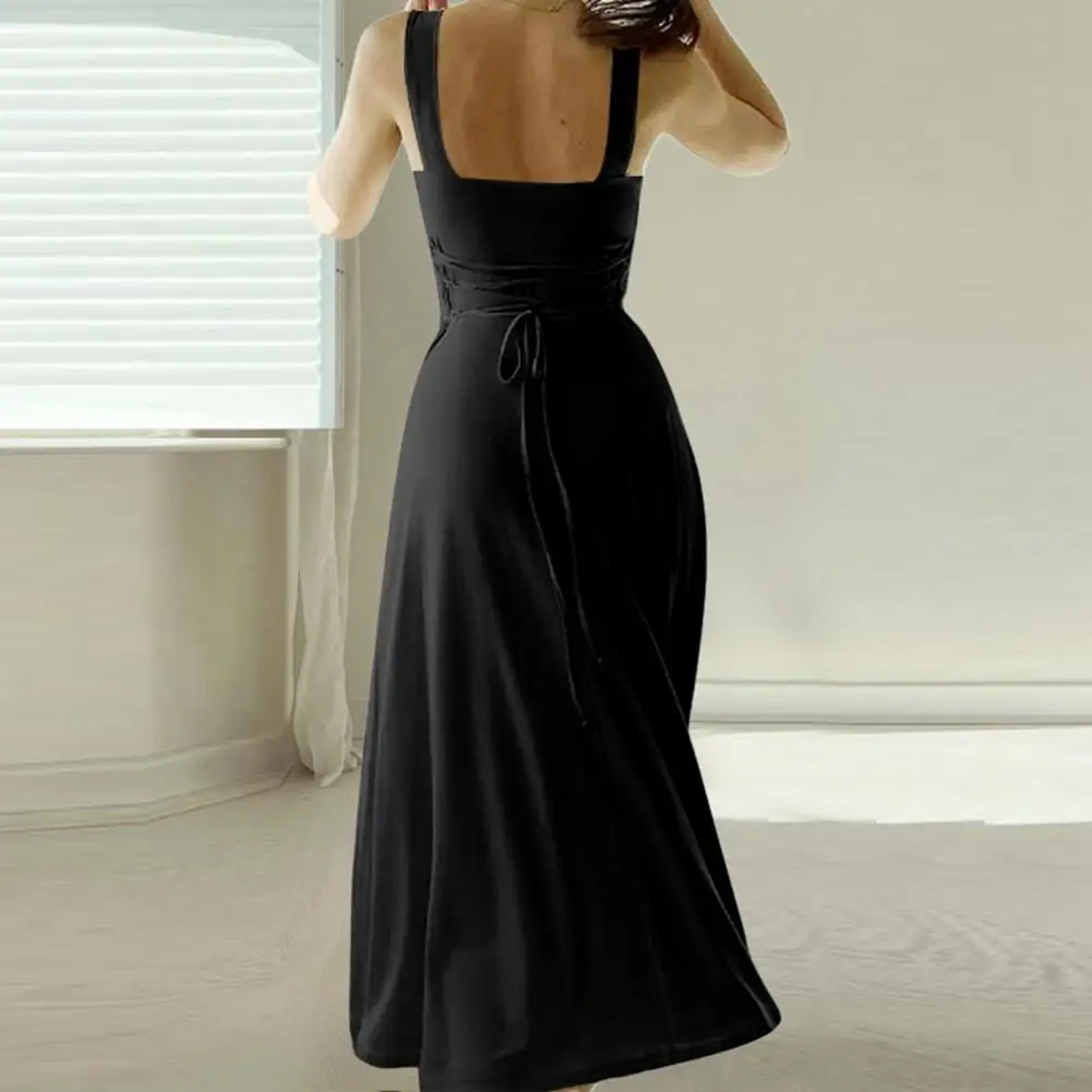 

Women Cocktail Party Dress Elegant Square Neck Midi Dress for Summer Parties Events A-line Flowy Hem Backless Dress for Work