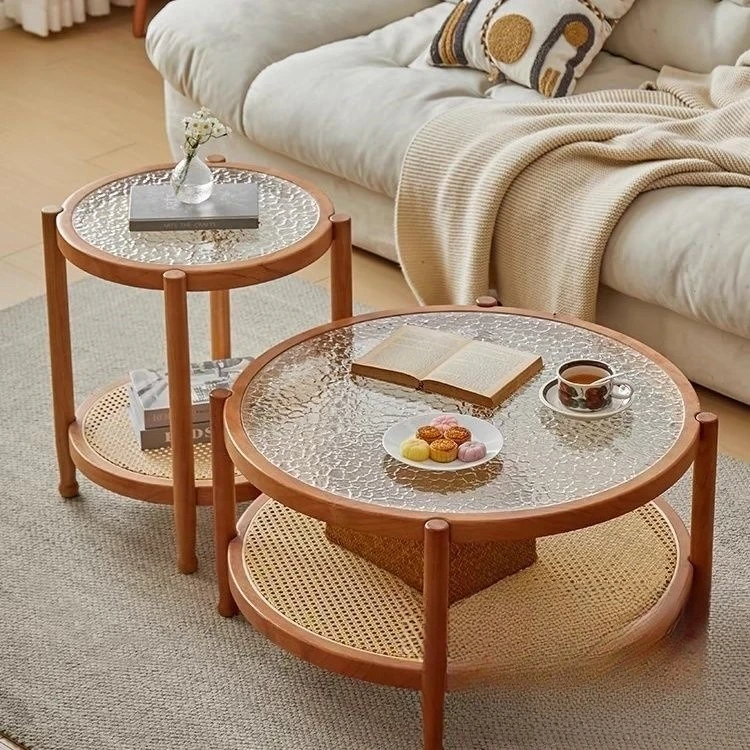 

Журнальный столик, бытовой, из массива дерева, ротанга, гостиная, стекло Changhong, двухслойный, круглый, современный, для хранения в маленькой квартире