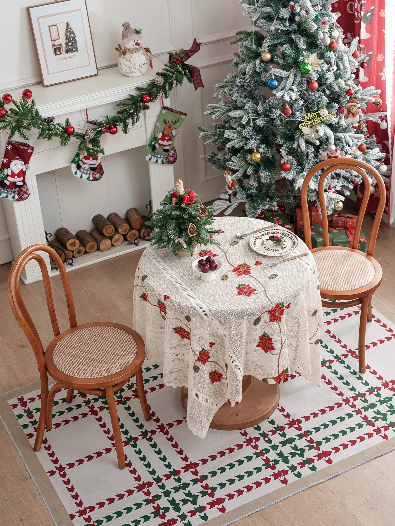 Khaki Vine Red Flower Embroidery Folded Edge Tablecloth for Living Room Kitchen Dining Table Anti-slip Decorative Tablecloth