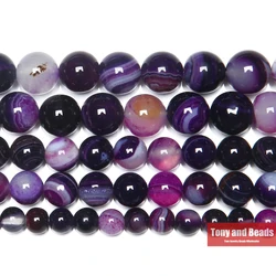 Smooth Natural Stone Purple Stripe Agate Round Loose Beads 4 6 8 10 12MM Pick Size