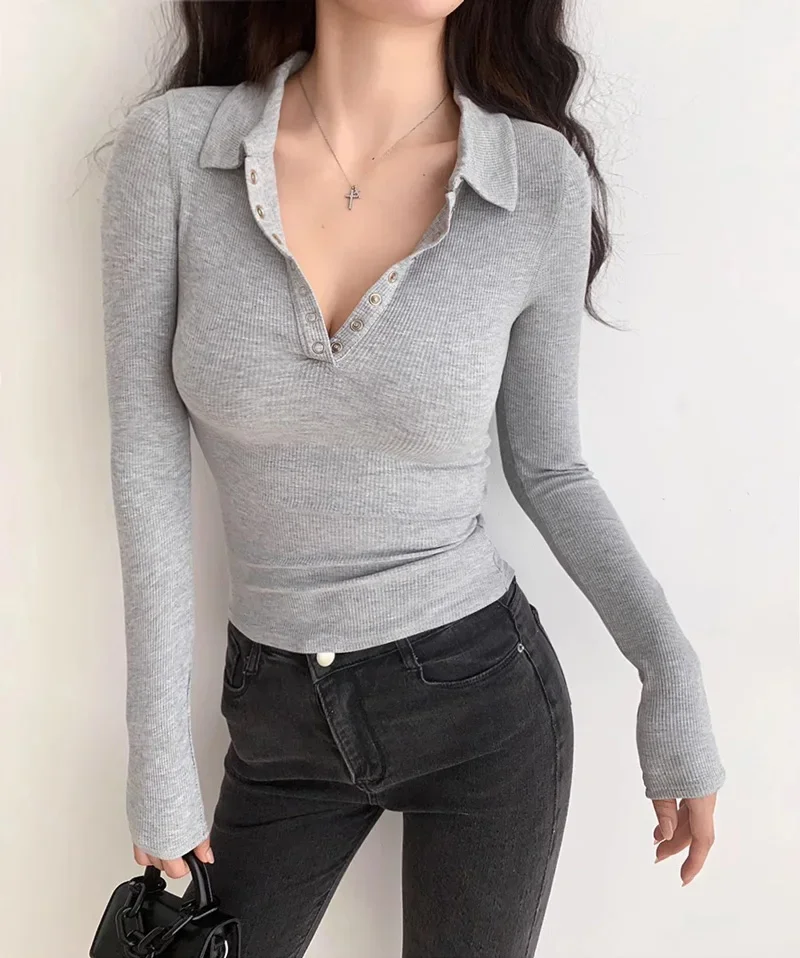 Women's Rib Polo Collar Fitted Top with Deep Button Front Long Sleeve Slim T-shirt