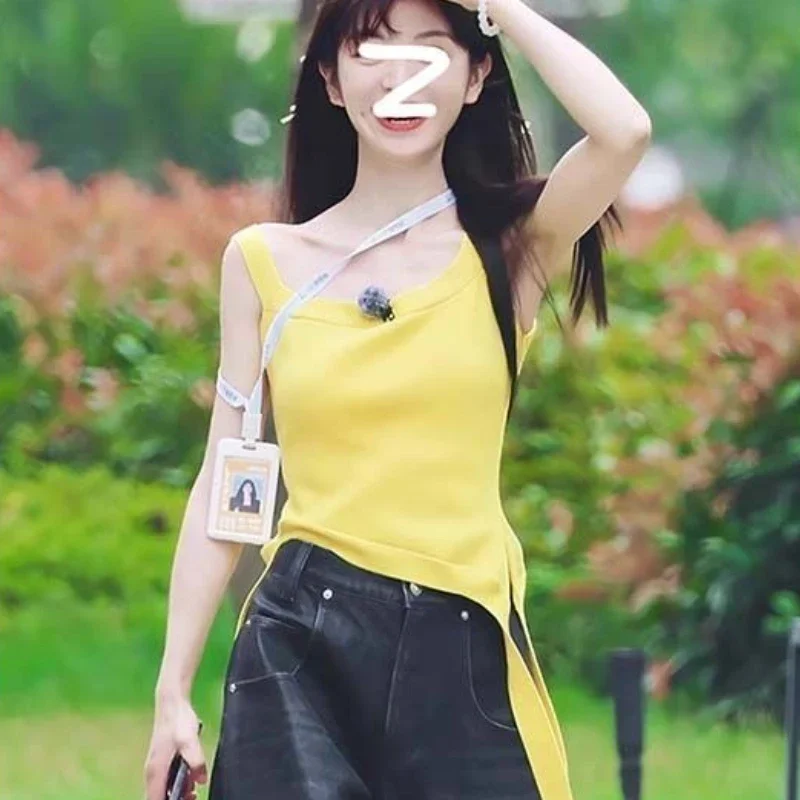 

Tian Xiwei Same Yellow Sleeveless Vest Summer Top Women With Design Ribbon