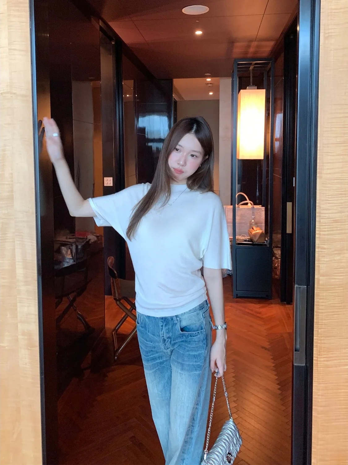 White Thin round Neck Five Sleeve Knitted T Shirt Women's Summer New Style Short Sleeve Top Korean Version Standard Fit Youthful