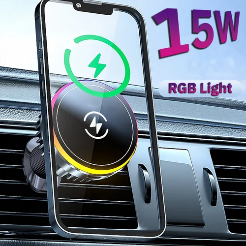 Imagen 2 del producto Soporte magnético para teléfono de coche, cargador inalámbrico magnético de 15W, luces LED RGB, cargador Magsafe para iPhone, Samsung y Xiaomi