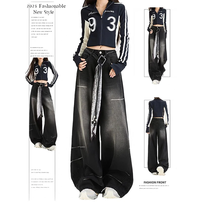 

ZHIZOU Y2K мешковатые черные джинсовые брюки, винтажные повседневные минималистичные брюки в стиле гранж с высокой талией, однотонные уличные джинсы в стиле ретро