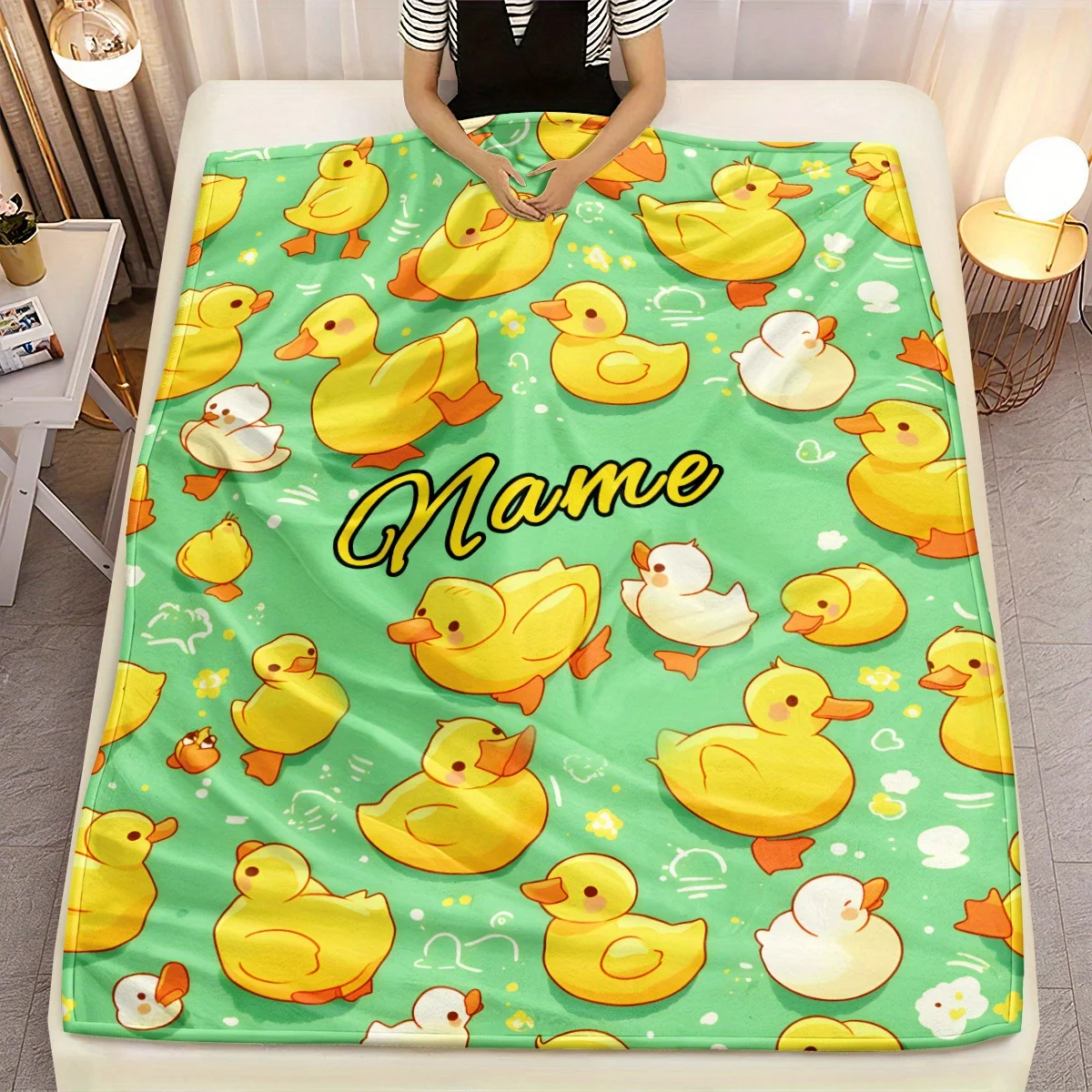 Personalized Custom name duck-printed flannel blanket - Soft, lightweight and warm，Cute yellow duck design with clouds and stars