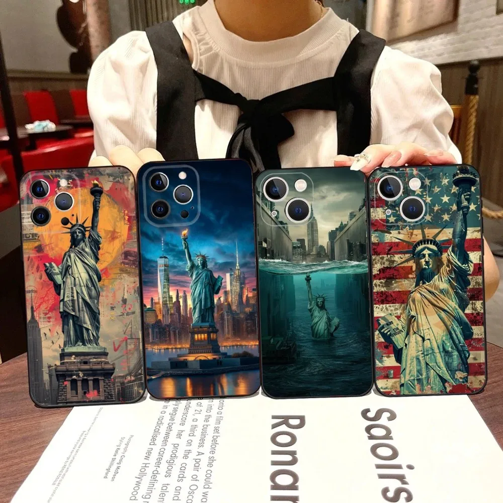 Statue of Liberty New York Phone Case For iPhone 16,15,14,13,12,11,Pro,X,XS,Max,XR,Plus,Mini Black Soft Silicone Case