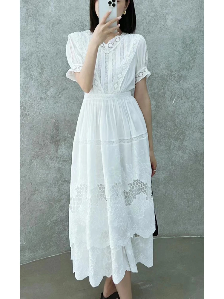 Gypsylady Floral Embroidery Chic Midi Dress White Cotton Summer Boho Women Tiered Dresses Puff Sleeve Sheer Sexy Holiday Vestido