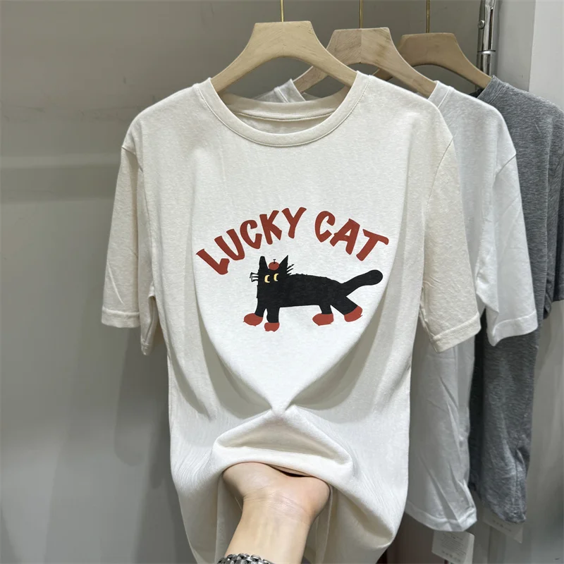

Retro American Letter Print round Neck Short Sleeve Women's T-shirt Summer New Loose Top Korean Style Cotton Blend Elasti...