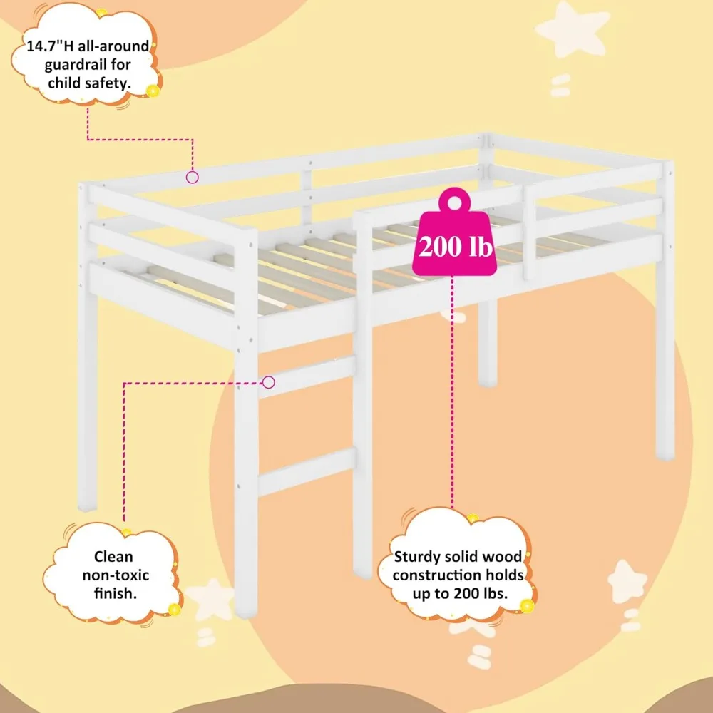 Low Loft Bed Twin Size, Kids Solid Wood Modern Loft Bed Frame with Ladder and Safety Guardrail for Girls Boys, Noise-Free