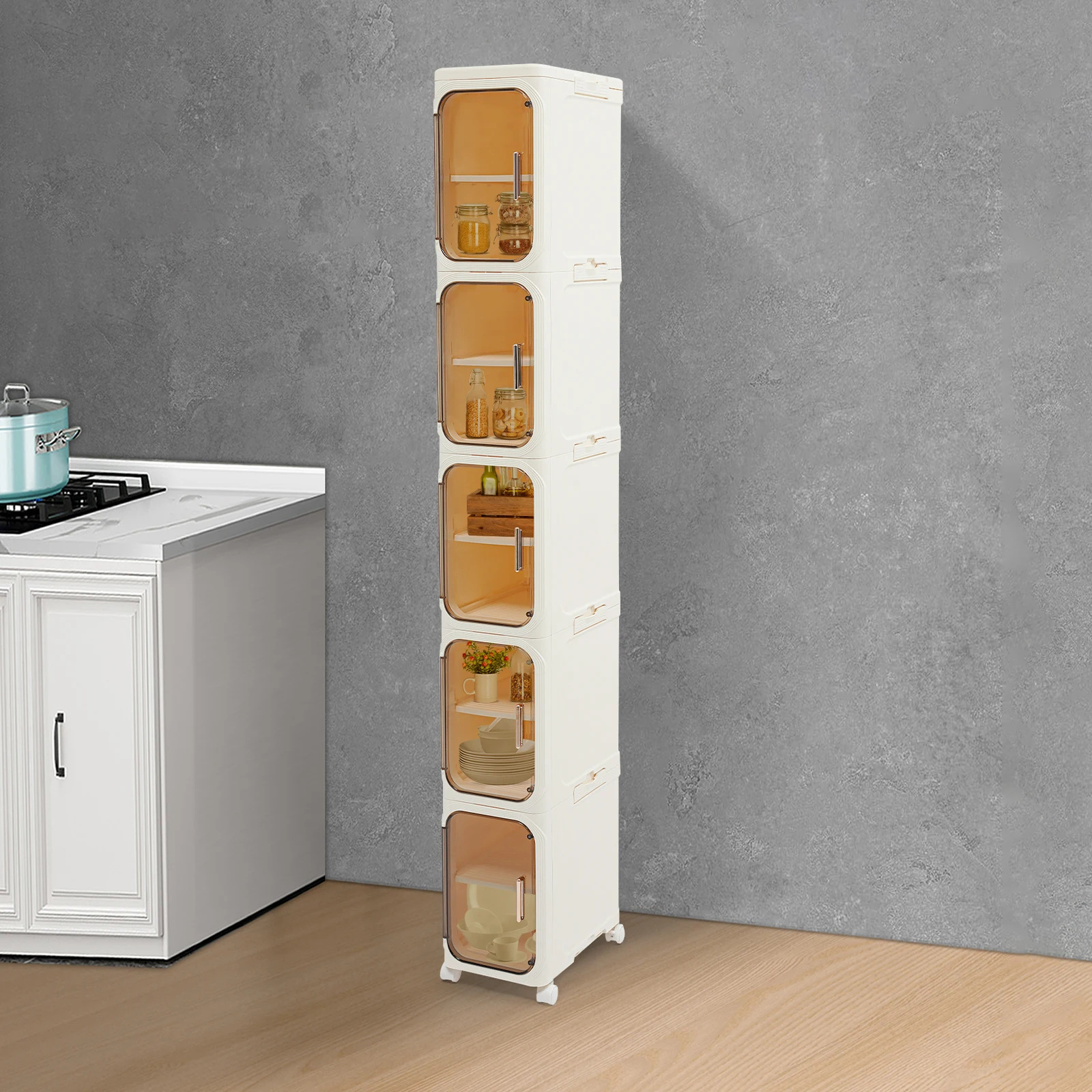 Organizador de Baño Estrecho de 5 Niveles 21*34*157cm, Mueble de Almacenamiento Delgado y Alto para Cocina y Baño, Carrito Rodante con Ruedas para Espacios Reducidos
