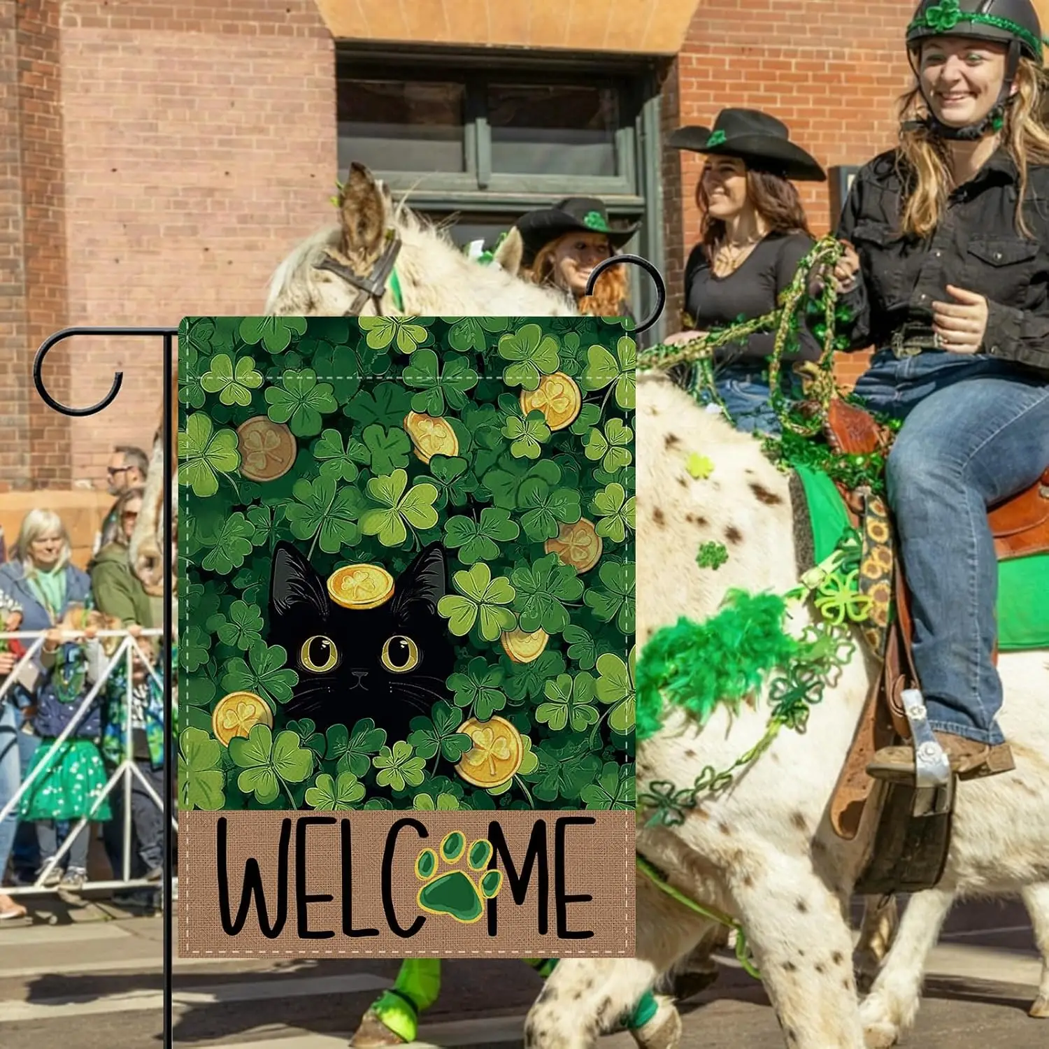 Dyrenson Welcome St Patricks Day Black Cat Decorative Garden Flag, Lucky Shamrock Clover Yard Outside Home Decoration Pet Ow IIC