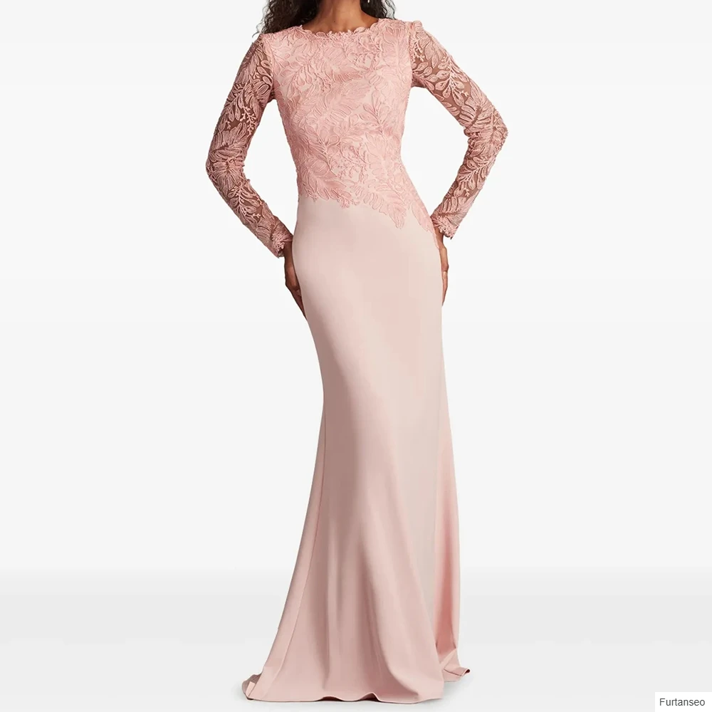 

Mermaid Women's Evening Dresses Floor-length Scoop-neck Full Sleeve Prom Gown Fashion Flowers Simple Draped Customized Gowns